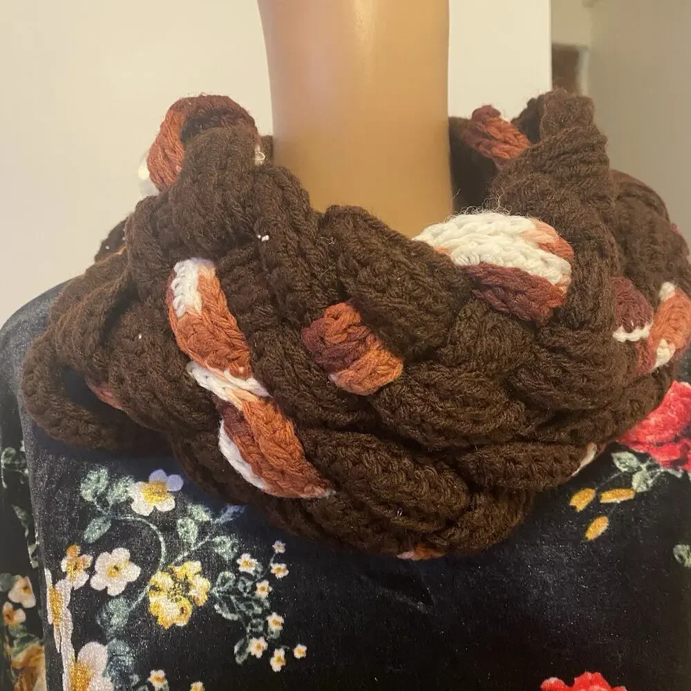 Chunky Knit Fall Colors Infinity Circle Scarf Brown Orange Handmade Crochet